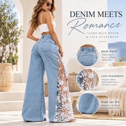 🖤🔥 Women's Gothic Black Flare Jeans 👖🌹 Sheer Floral Lace Side Panels ✨🦋 High-Waisted Wide-Leg Denim Pants | Sexy & Edgy Streetwear 💋