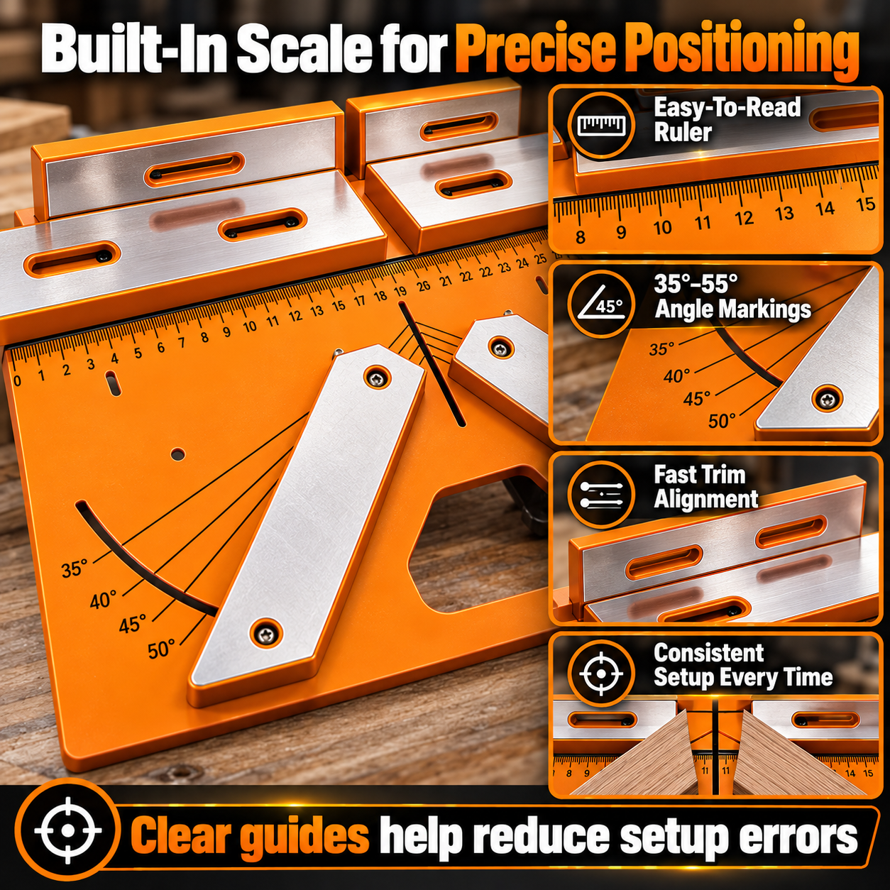 Built-in measuring ruler and angle markings on the orange miter trim cutting jig