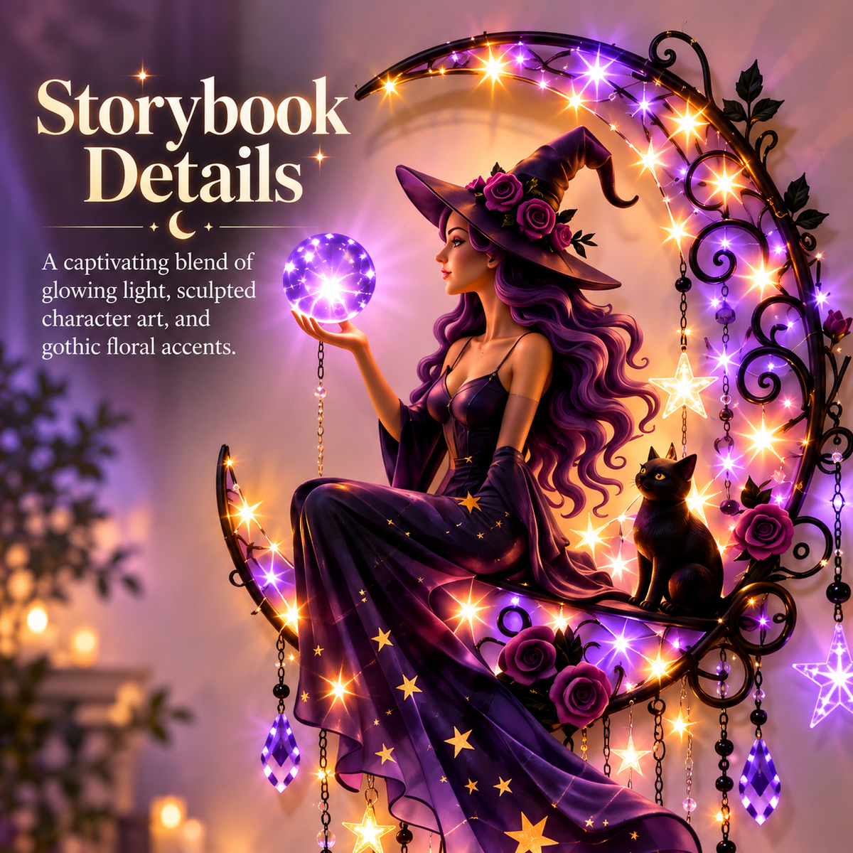 🔮✨ Enchanted Witch Moon Wall Hanging 🌙💜 Glowing Crystal Ball & Star Lights ⭐🐈‍⬛ Magical Gothic Wall Decor for Bedroom, Halloween & Cozy Home 🪄