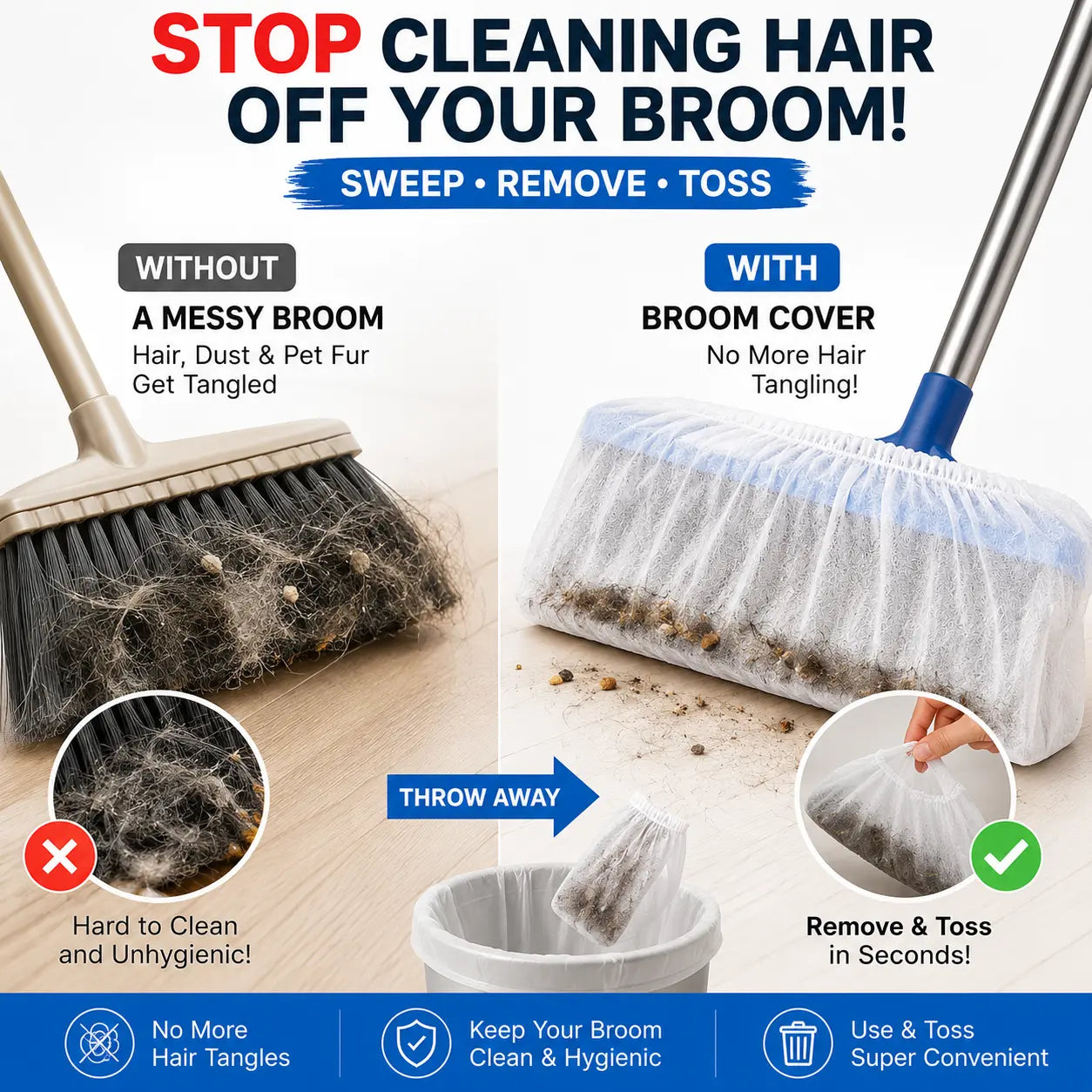 🔥Disposable Broom Dust Covers, Non-Woven Dust Catcher Covers for Most Standard Brooms, Traps Dust, Hair & Debris