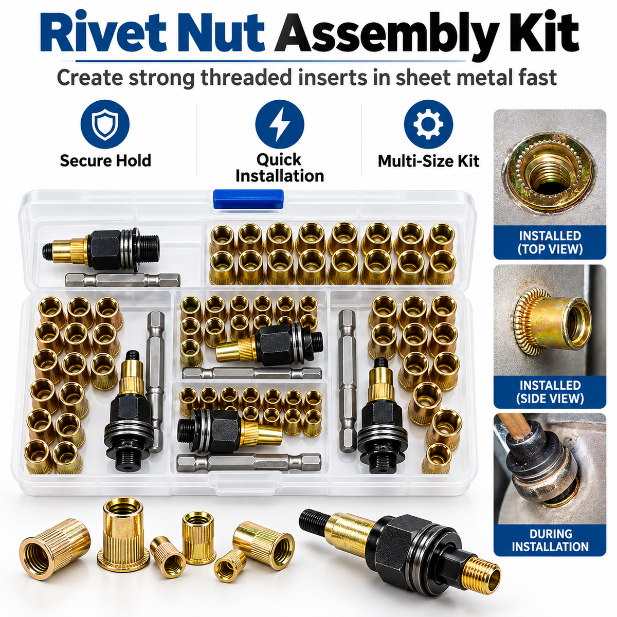 50-piece rivet nut installation kit with threaded inserts and installation tools