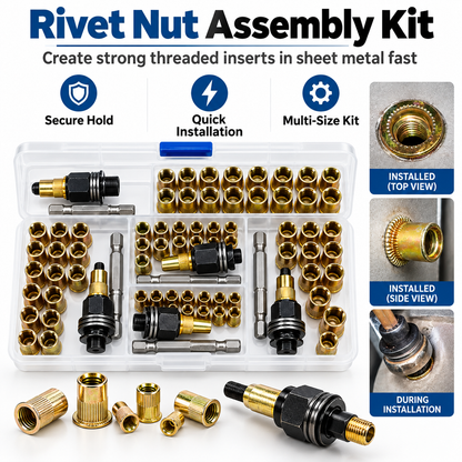 🔩50-Piece Rivet Nut Installation Kit – Threaded Insert Tool Set for Metal Repair
