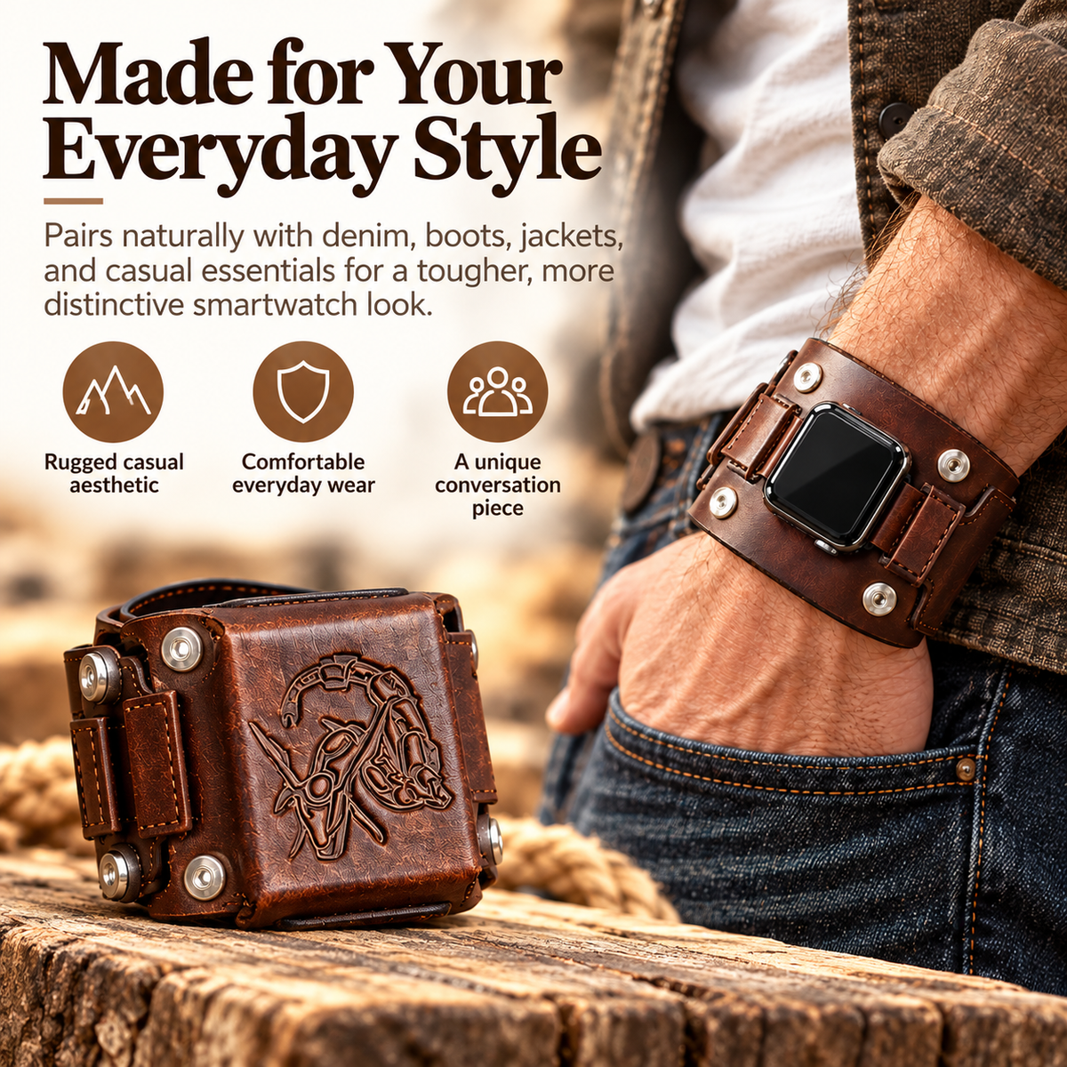 Vintage smartwatch cuff paired with denim and Western clothing