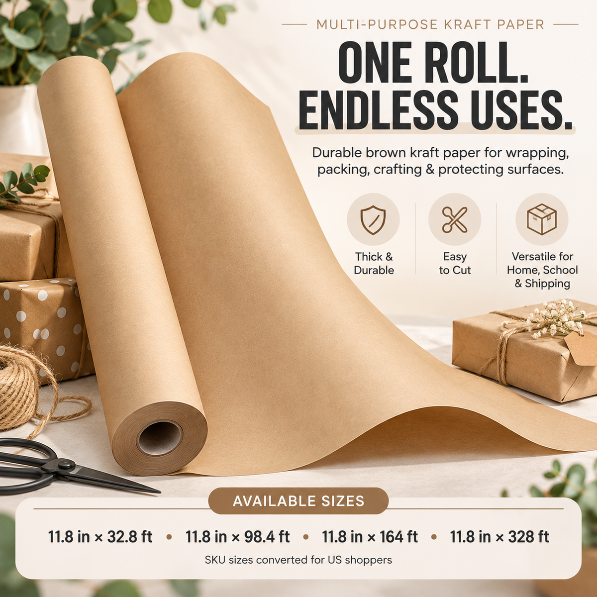 Brown kraft paper roll unrolled beside naturally wrapped gifts and craft accessories