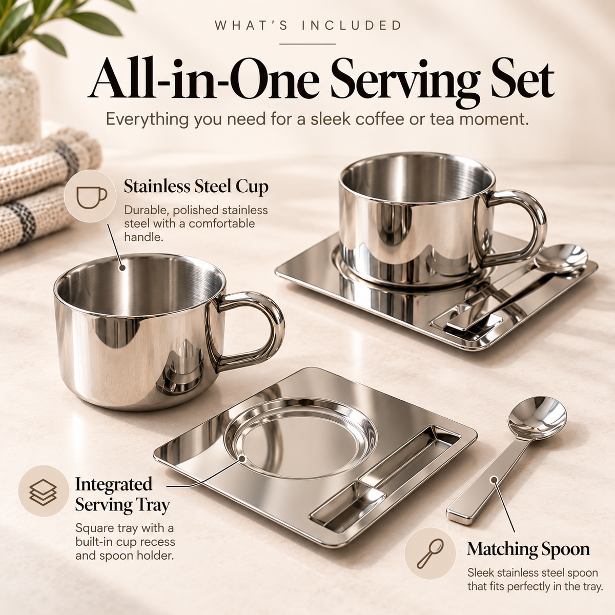 🤎 ☕Elegant Stainless Steel Coffee Cup Set with Matching Tray & Spoon – Modern Minimalist Coffee & Tea Drinkware
