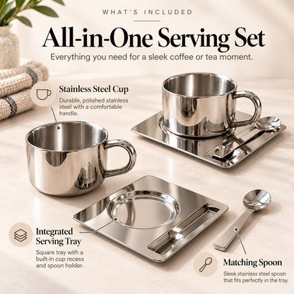 🤎 ☕Elegant Stainless Steel Coffee Cup Set with Matching Tray & Spoon – Modern Minimalist Coffee & Tea Drinkware