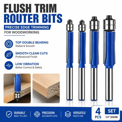 🪵🔥4-Piece Double Bearing Flush Trim Router Bit Set – Smooth & Precise Woodworking
