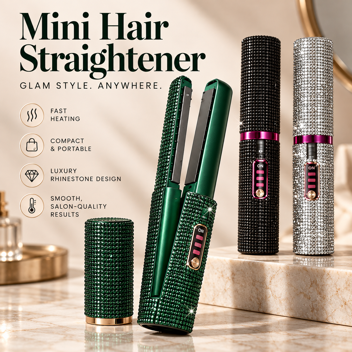 💎✨ Bling Rhinestone Mini Hair Straightener 💖🔥 Portable Hair Flat Iron for Bangs, Frizz & Quick Touch-Ups 🎀💇‍♀️ 7 Sparkling Colors