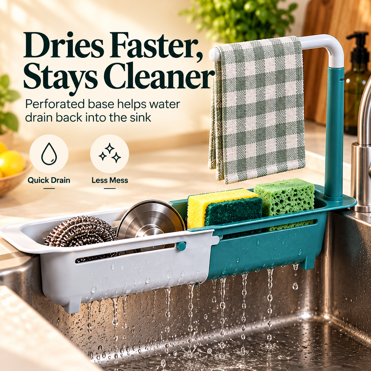 Perforated expandable sink caddy draining water from stored sponges and brushes back into the kitchen sink
