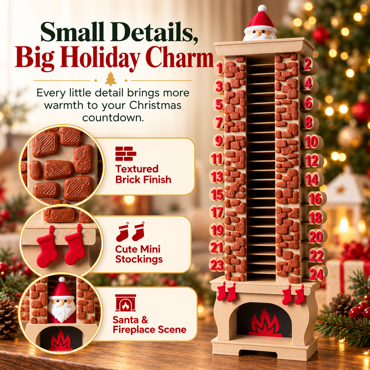 Close-up details of brick texture mini stockings Santa and fireplace