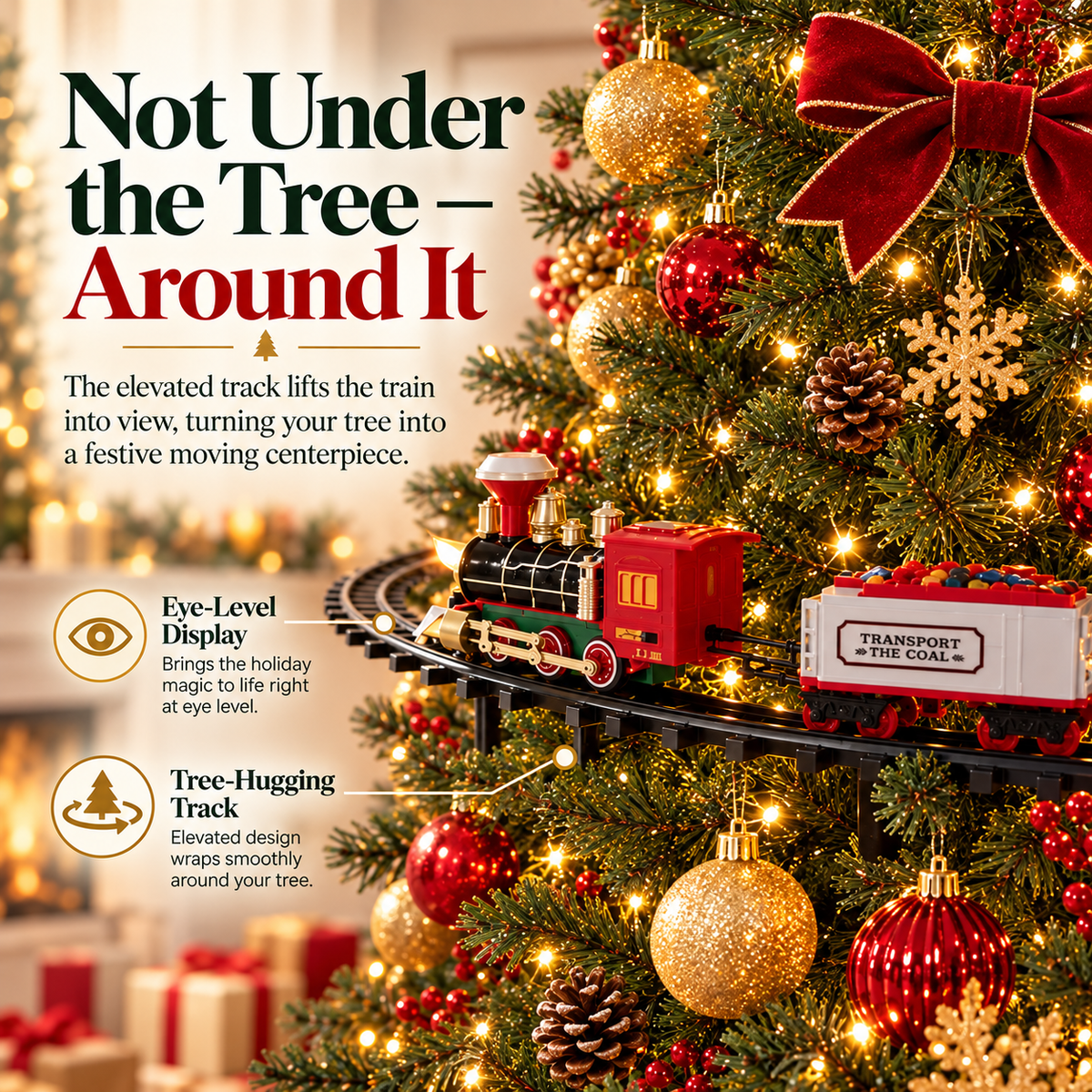 Elevated Christmas Tree Train Set – 360° Moving 4-Car Holiday Display