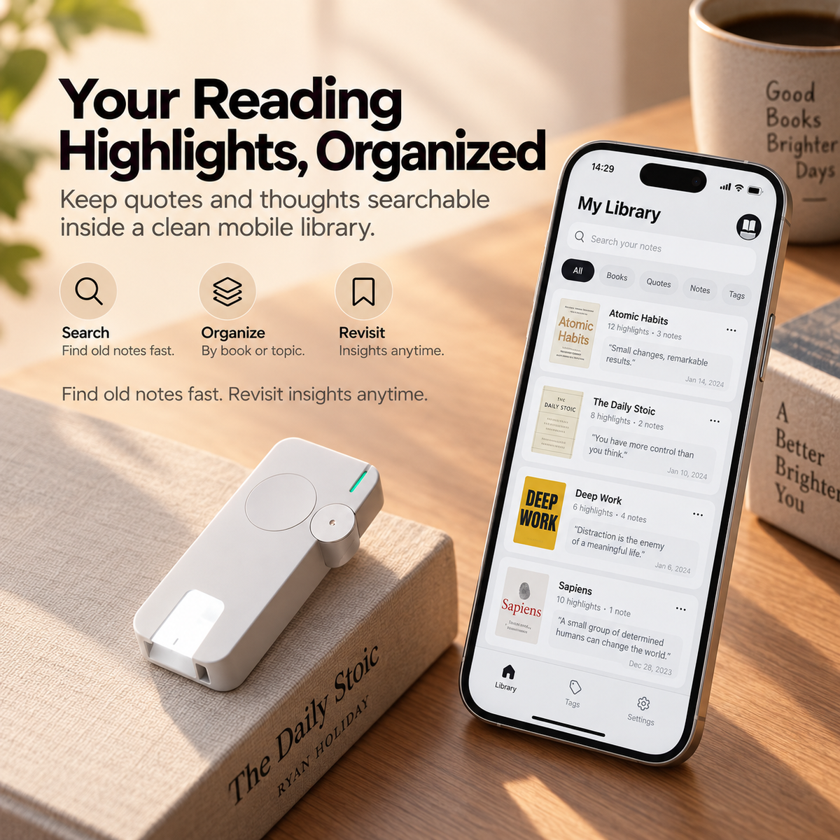Mobile companion app organizing book highlights quotes notes and searchable reading ideas