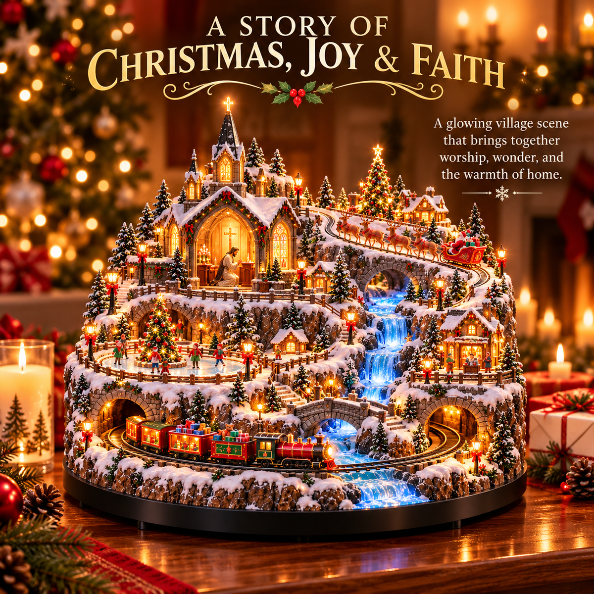 Detailed view of multi-level Christmas village holiday tabletop decoration