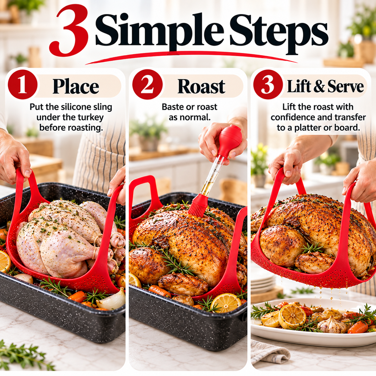 Three step process place roasting sling beneath turkey roast and lift to serving platter