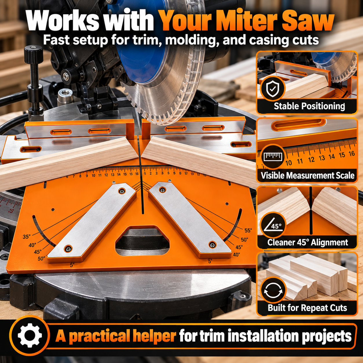Precision miter trim cutting jig positioned with a miter saw and wood trim