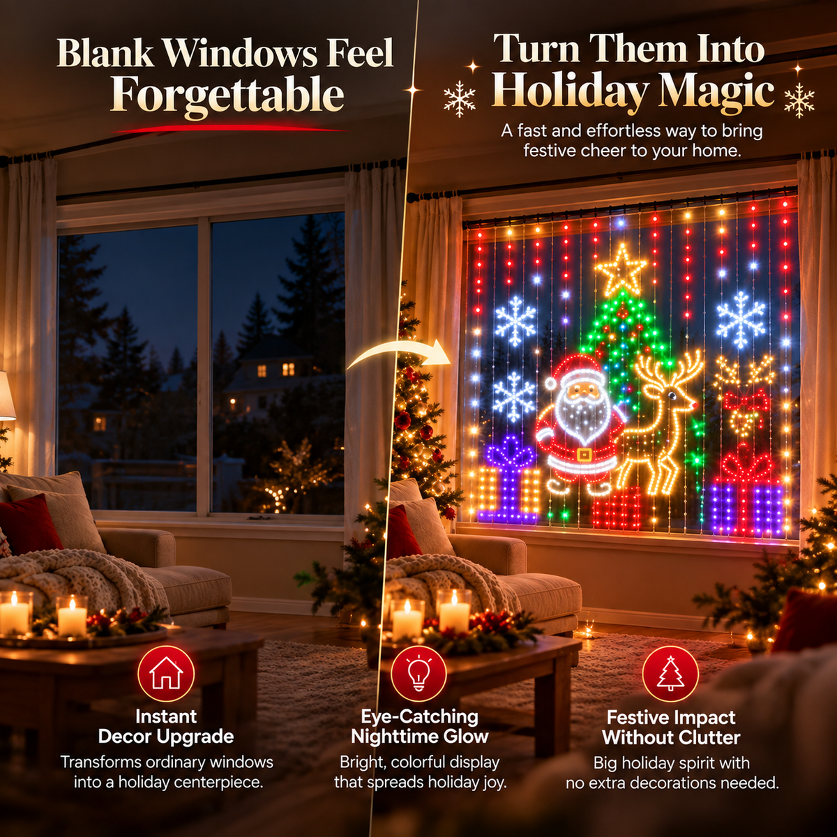 🎅Smart RGB Christmas Curtain Lights – App-Controlled Animated Holiday Window Display