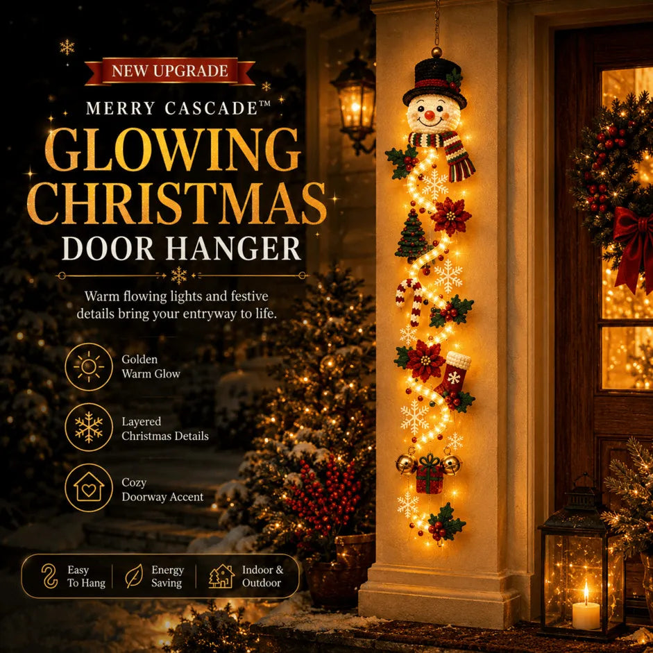 🎄MerryCascade™ Glowing Christmas Door Hanger | 6 Festive Lighted Designs with Warm Glow, Dimensional Details & Space-Saving Vertical Décor