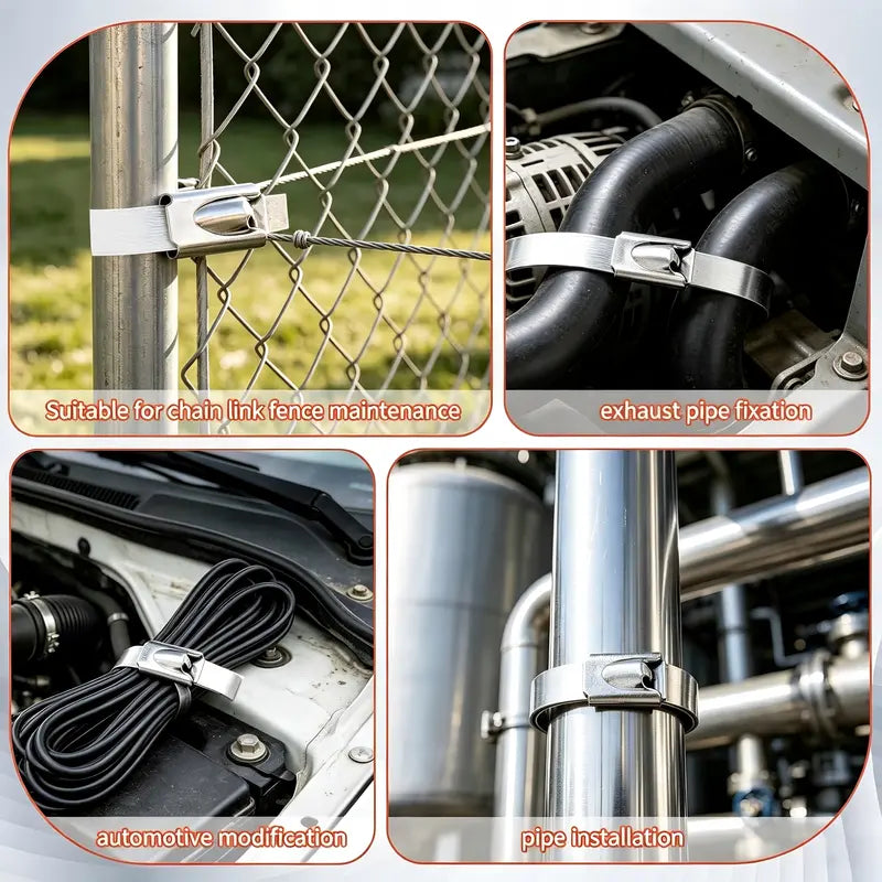 Stainless steel ties used on fence pipe automotive hose and cable bundle