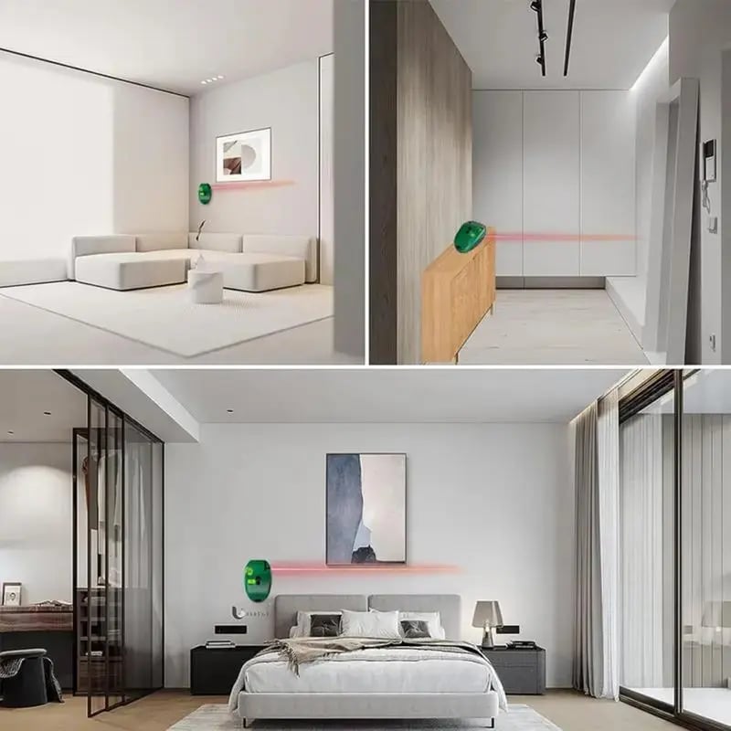 Compact red laser level projecting horizontal reference lines across living room and bedroom walls