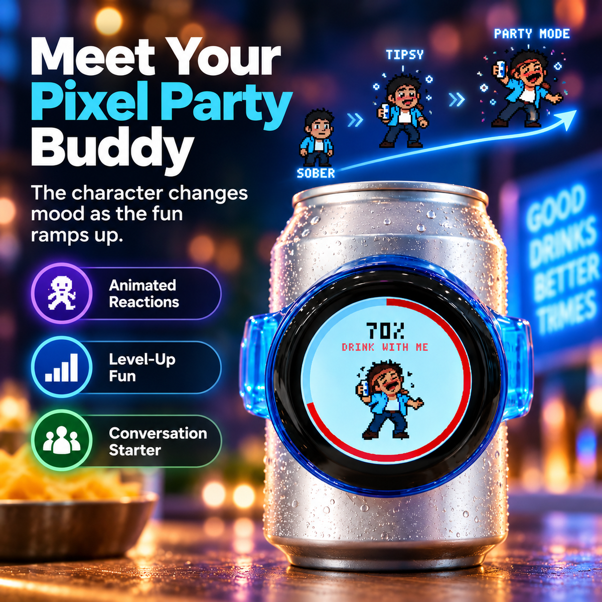 Pixel Party Buddy changing between different animated mood levels