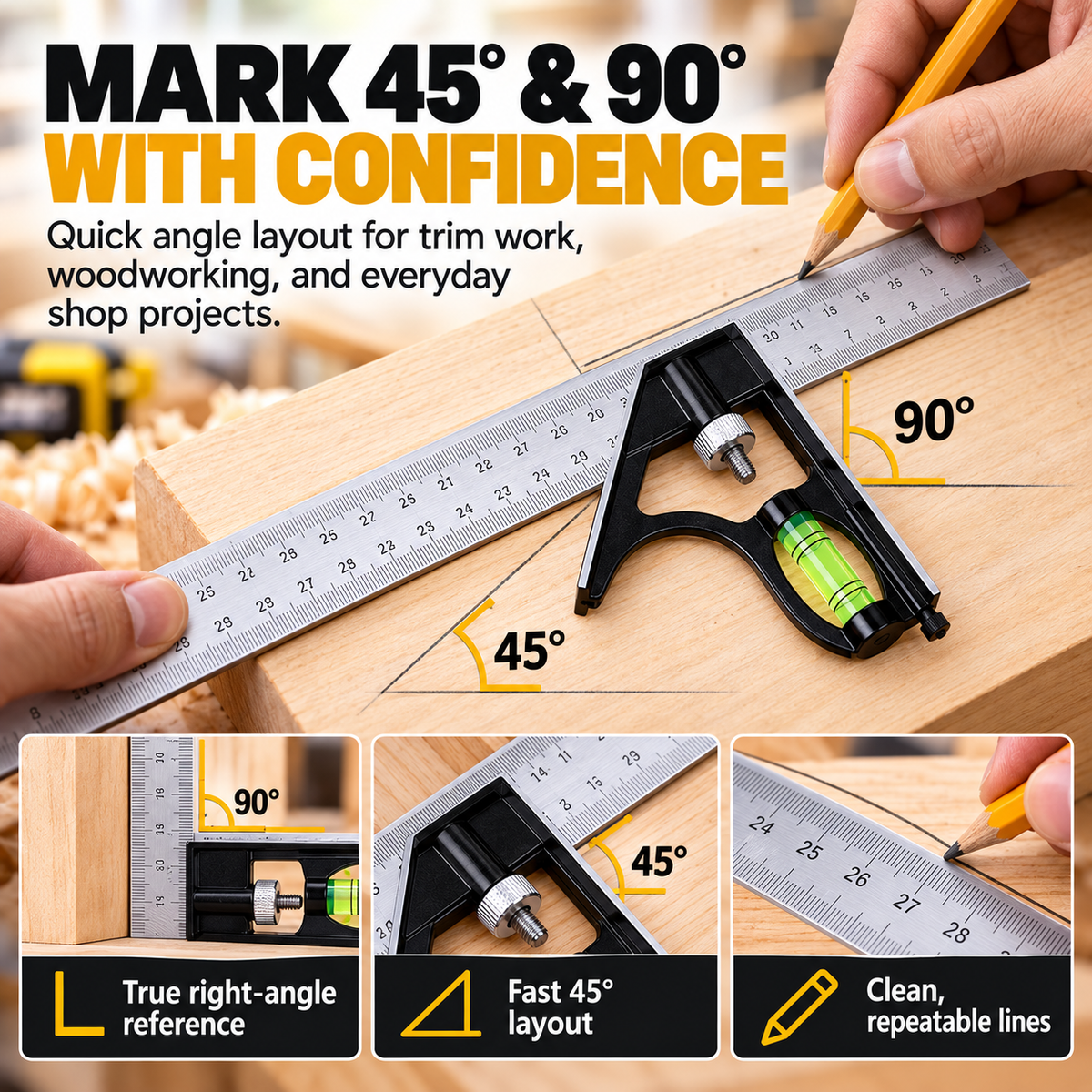 Combination square marking forty-five degree and ninety-degree layouts on wood