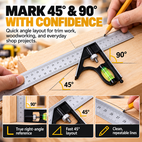 🔥 4-in-1 Multi-Function Woodworking Combination Square 📐🔧 Precision Measuring & Marking Tool 📏✨ with Built-In Bubble Level, 45°/90° Angle Ruler & Scribing Pin 🪚🛠️