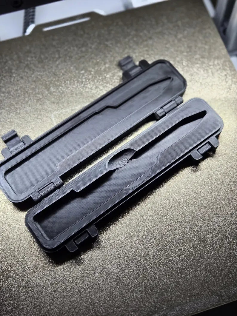 Open fitted 3D printed storage case for slide-action novelty pen