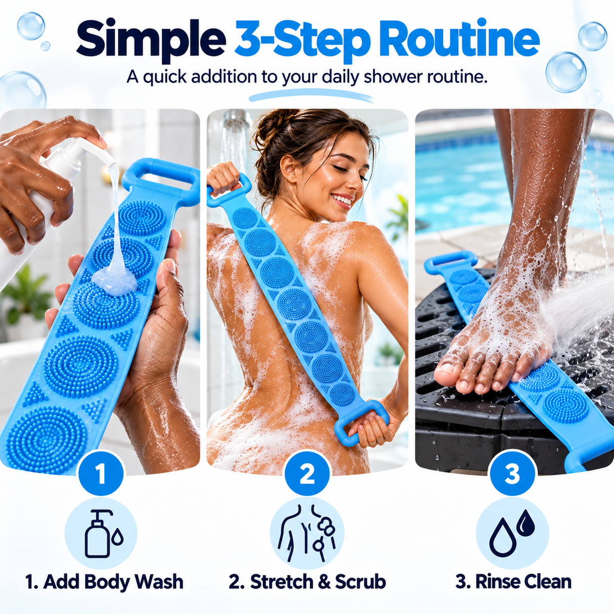 Three-step routine showing body wash scrubbing and rinsing silicone body scrubber