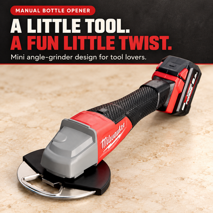 Mini angle-grinder-shaped manual bottle opener with flat metal opening plate
