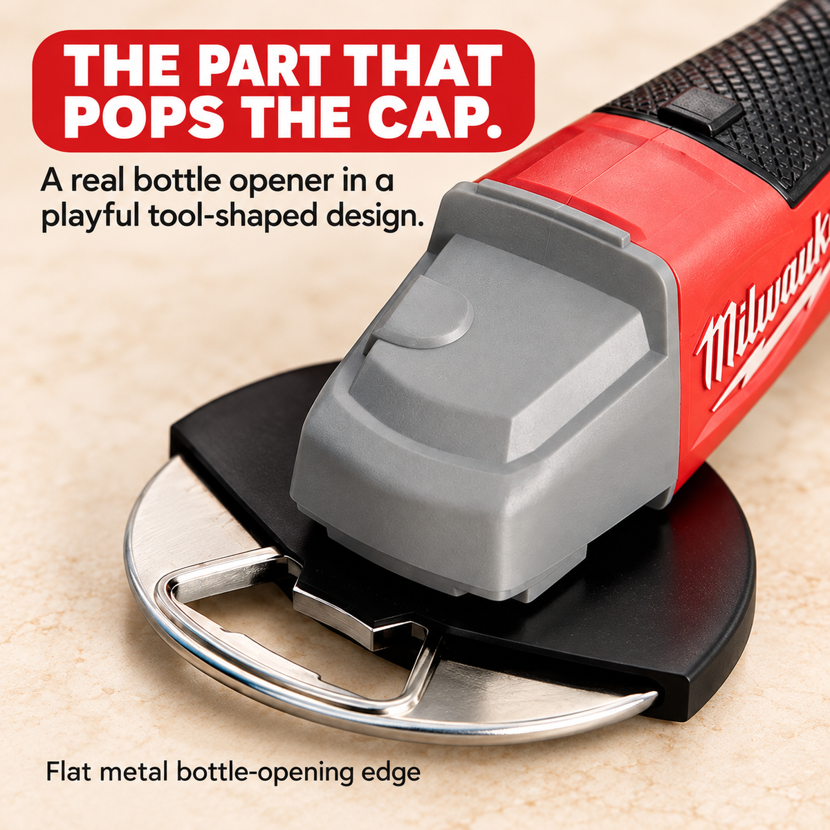 Close-up of the flat metal bottle-opening plate and gray head
