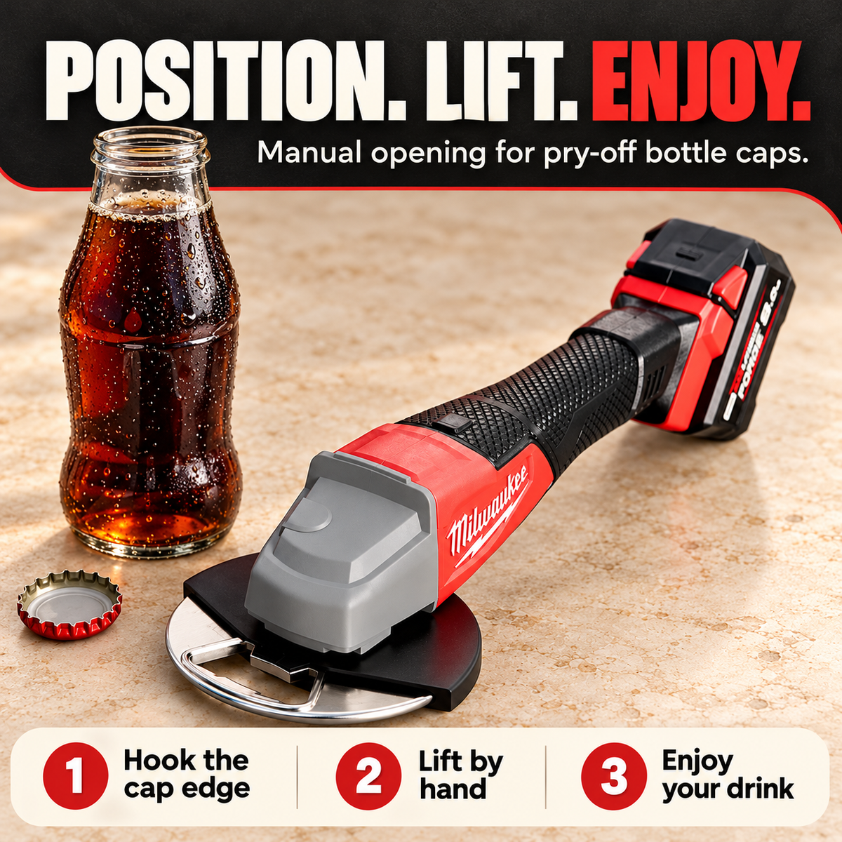Manual bottle-opening steps beside an uncapped soda bottle