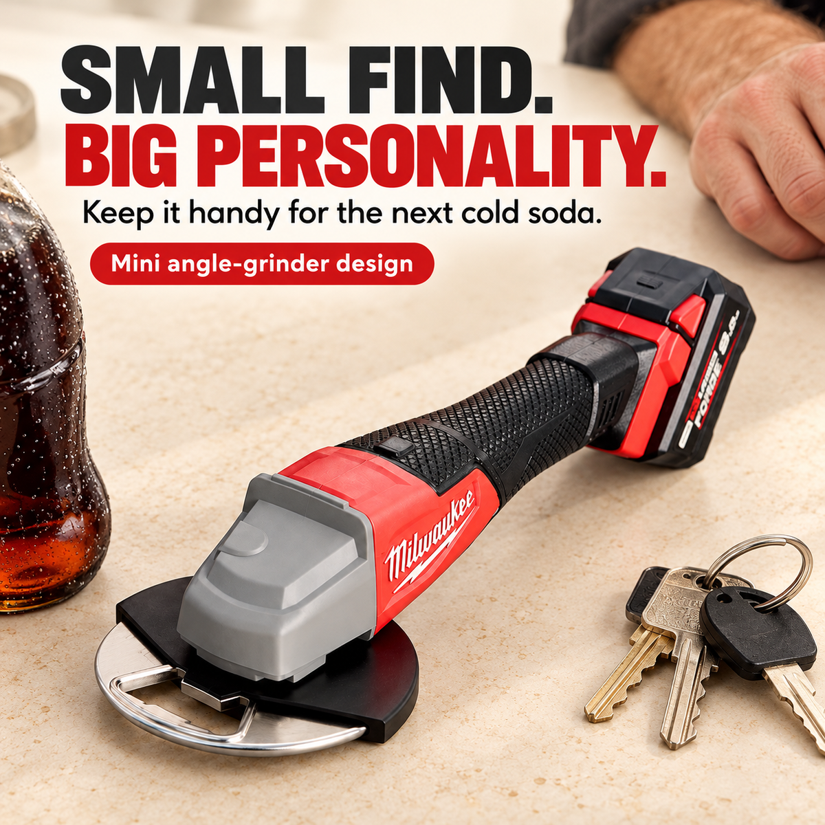 Red and black miniature bottle opener in an everyday tabletop setting