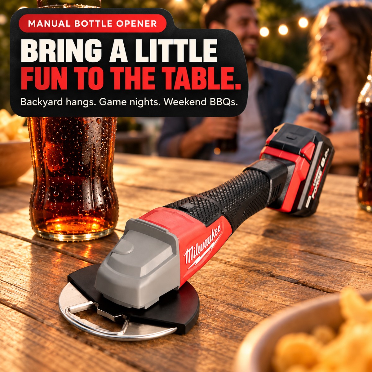 Mini angle-grinder bottle opener on a backyard gathering table