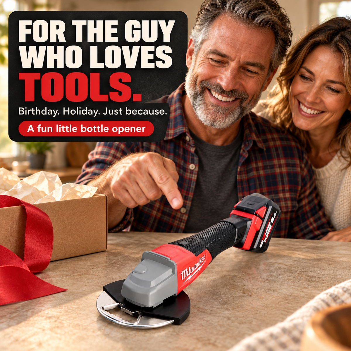 Tool lover receiving the miniature manual bottle opener as a gift