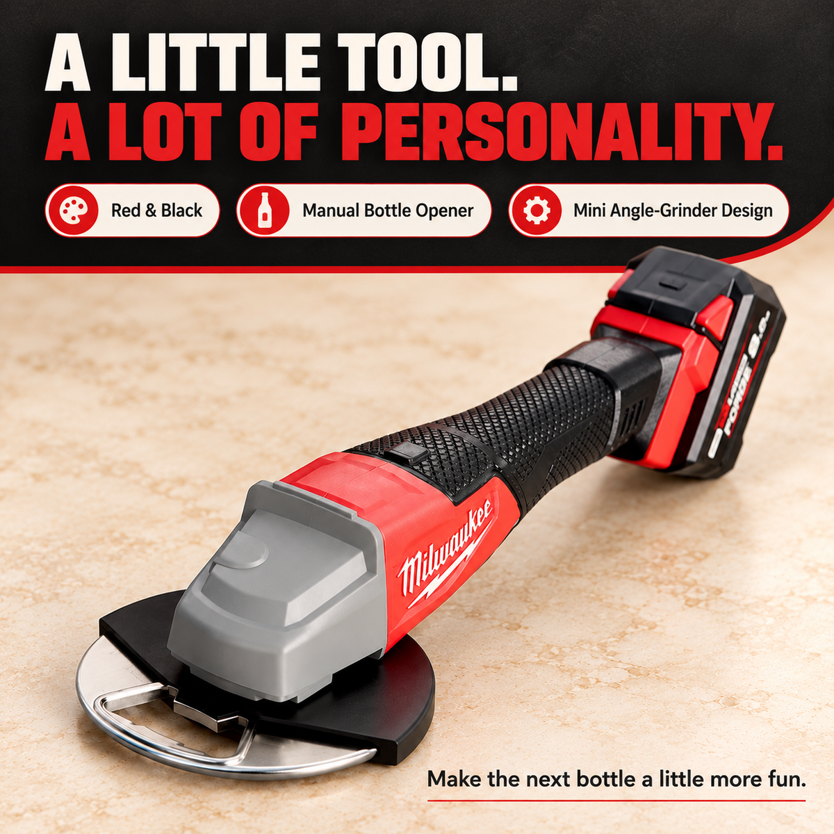 Red and black manual bottle opener with miniature angle-grinder styling