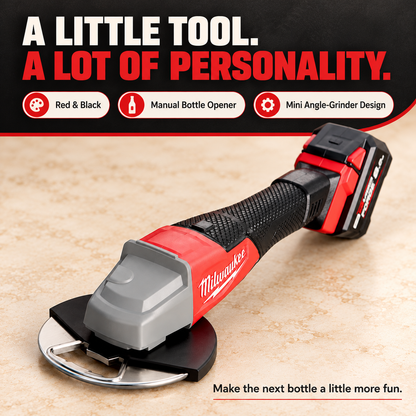 Red and black manual bottle opener with miniature angle-grinder styling