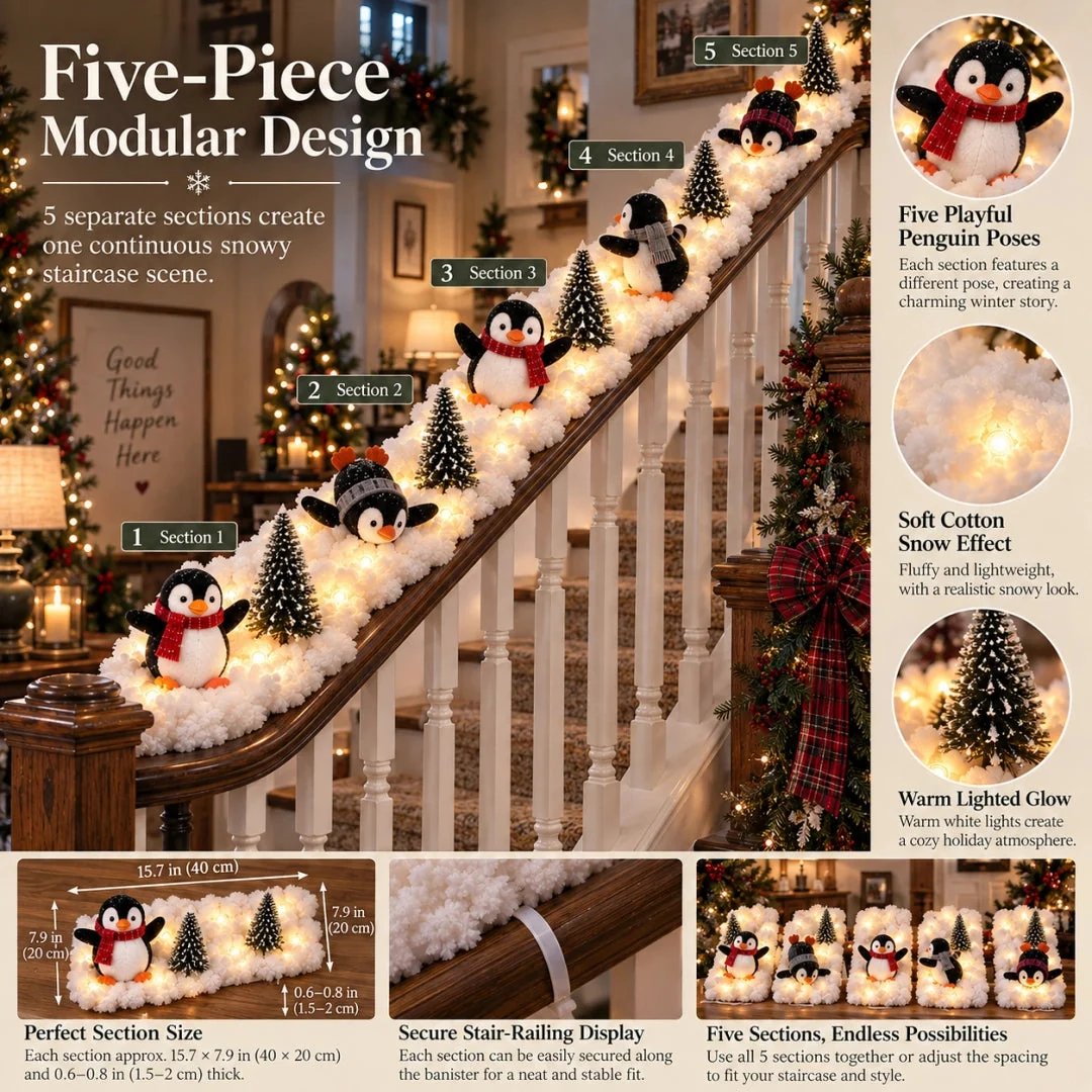 Five-piece modular penguin Christmas staircase snow decoration