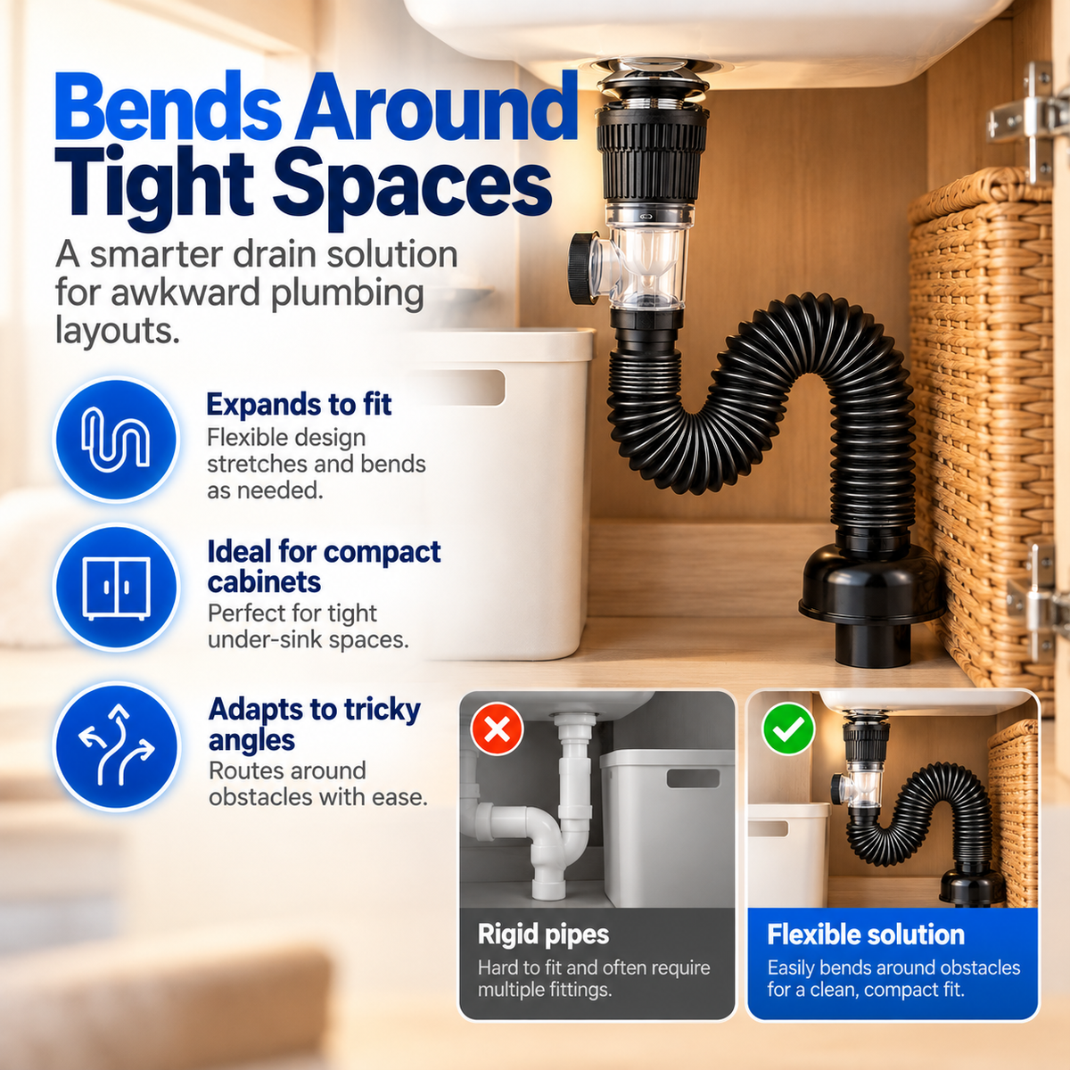 Flexible sink drain pipe bending around tight cabinet spaces compared with rigid plumbing
