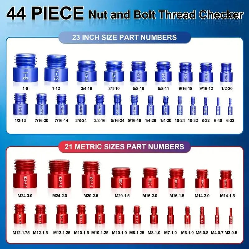 44 piece thread checker showing 23 inch sizes and 21 metric sizes