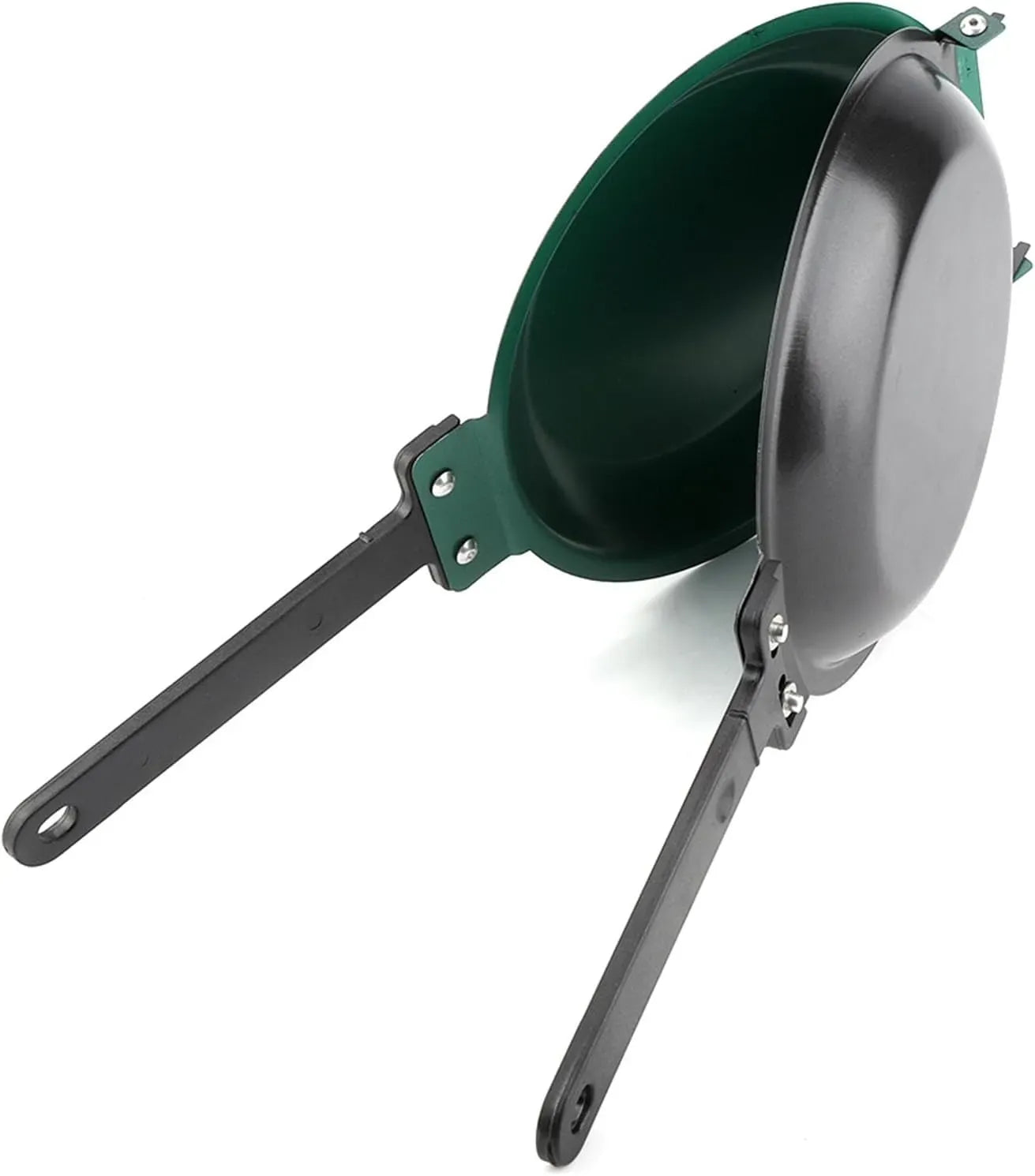 Compact green double-sided frying pan open and ready for cooking