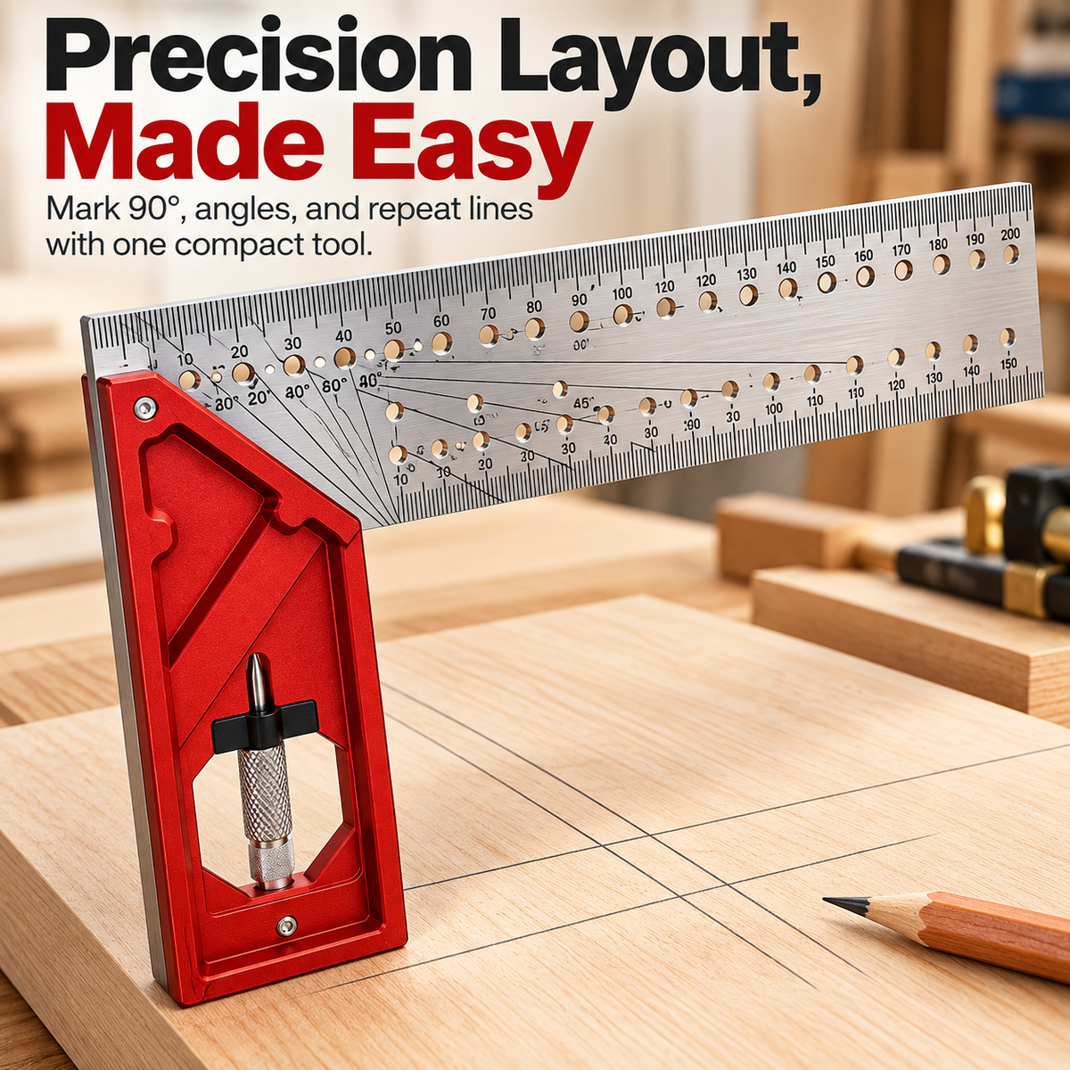 Precision woodworking layout square on a wood workbench