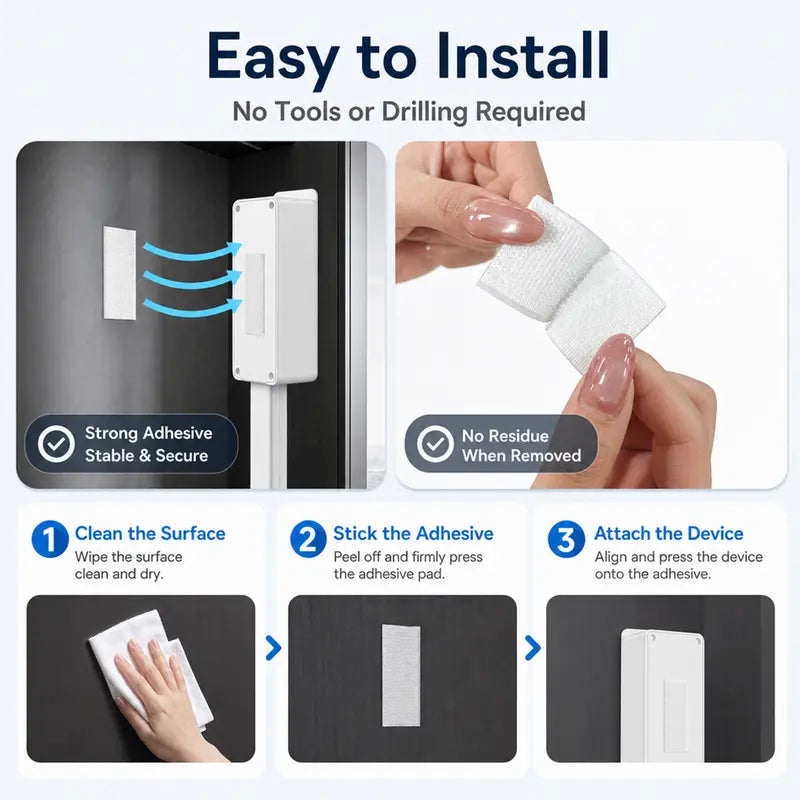 Three-stage adhesive mounting instructions for white wall outlet extender showing cleaning, adhesive pad attachment and mounting