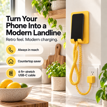 Retro Wall-Mounted Phone Perch Bundle – 6 ft+ Coiled USB-C Charging Station