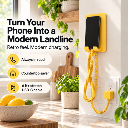 Retro Wall-Mounted Phone Perch Bundle – 6 ft+ Coiled USB-C Charging Station