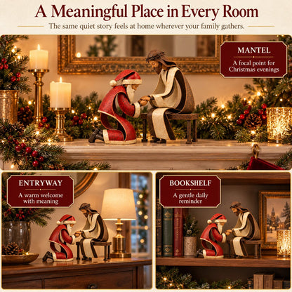 ⏳ Last Day 49% OFF – ✝️ Santa Kneeling Before Jesus Christmas Figurines | Meaningful Wood & Iron Faith Décor 🎄