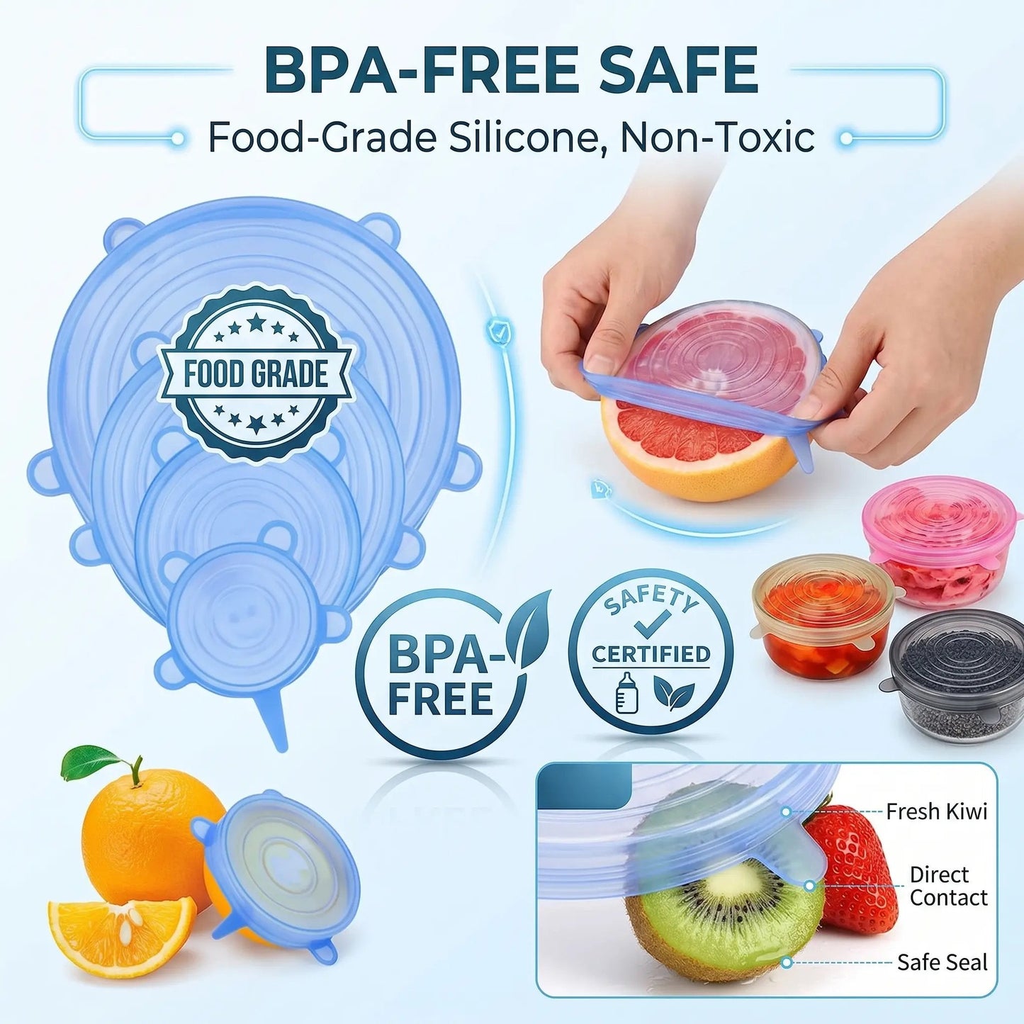 🔥 HOT SALE 🔥Universal Reusable Silicone Lids – 6-Pack Self-Sealing Food Covers for Various Container Sizes