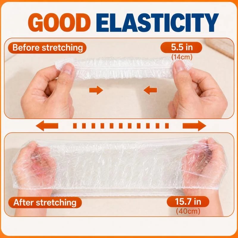 Elastic bowl cover being stretched by hand