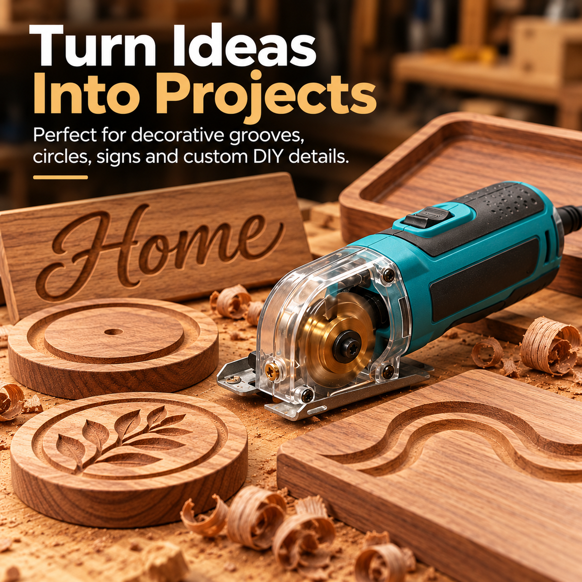 Wood carving tool surrounded by custom signs trays coaster designs and decorative woodworking projects