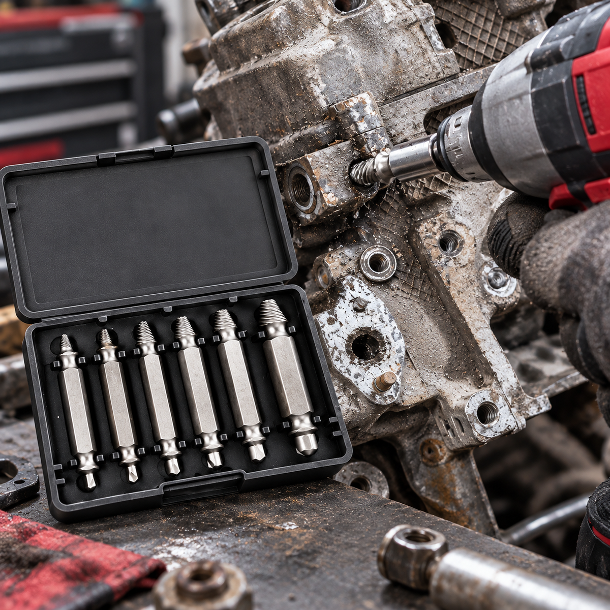 Screw extractor kit used during mechanical repair