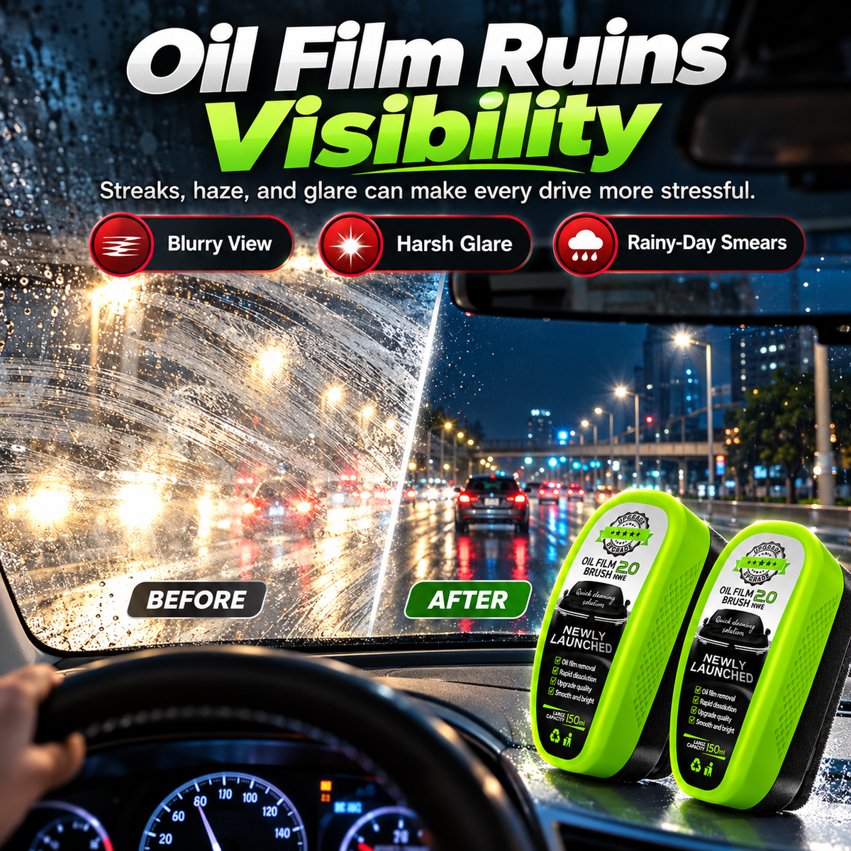 Hazy oily windshield creating streaks glare and rainy day visual distraction
